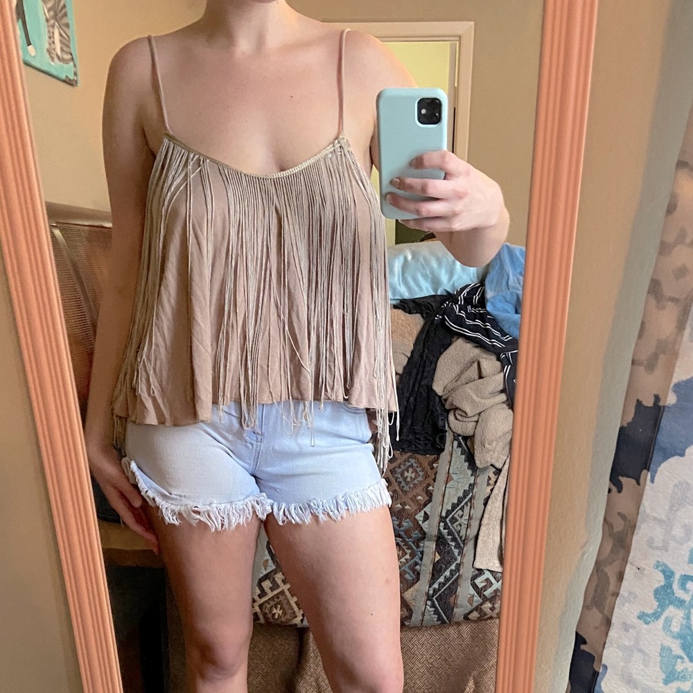 Tan fringe flowy tank top